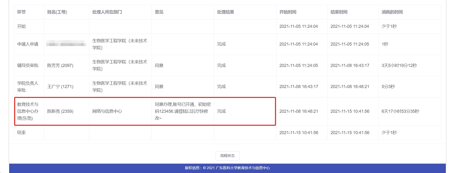 在流程流转情况中查看初始密码